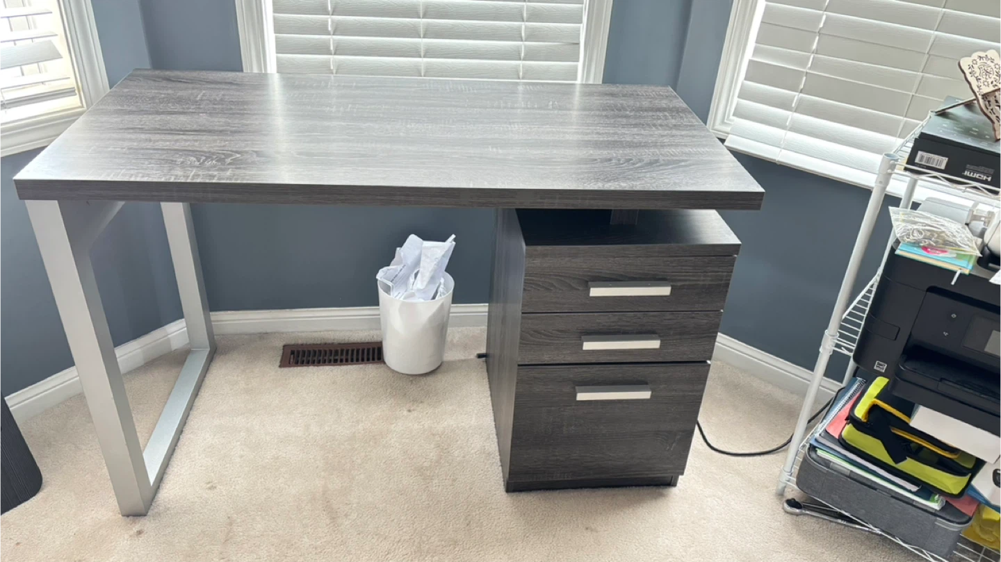 Grey Wood Grain Desk with 3 Drawers