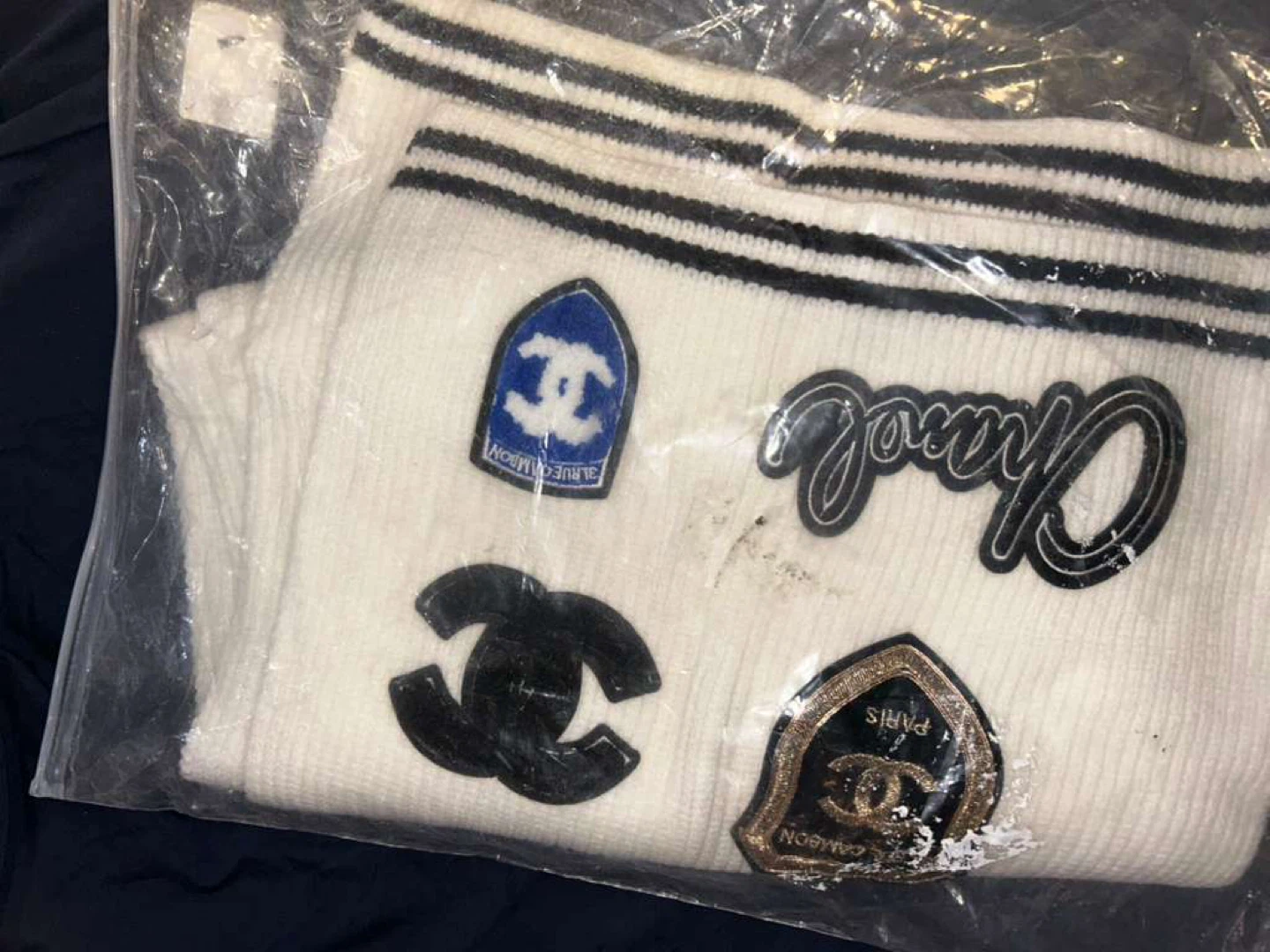 Chanel White Knit Sweater with Patches. Chanel scarf