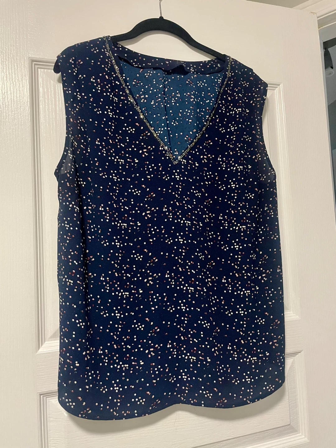 RW & CO. Women's Navy Blouse with Beaded Neckline - Large