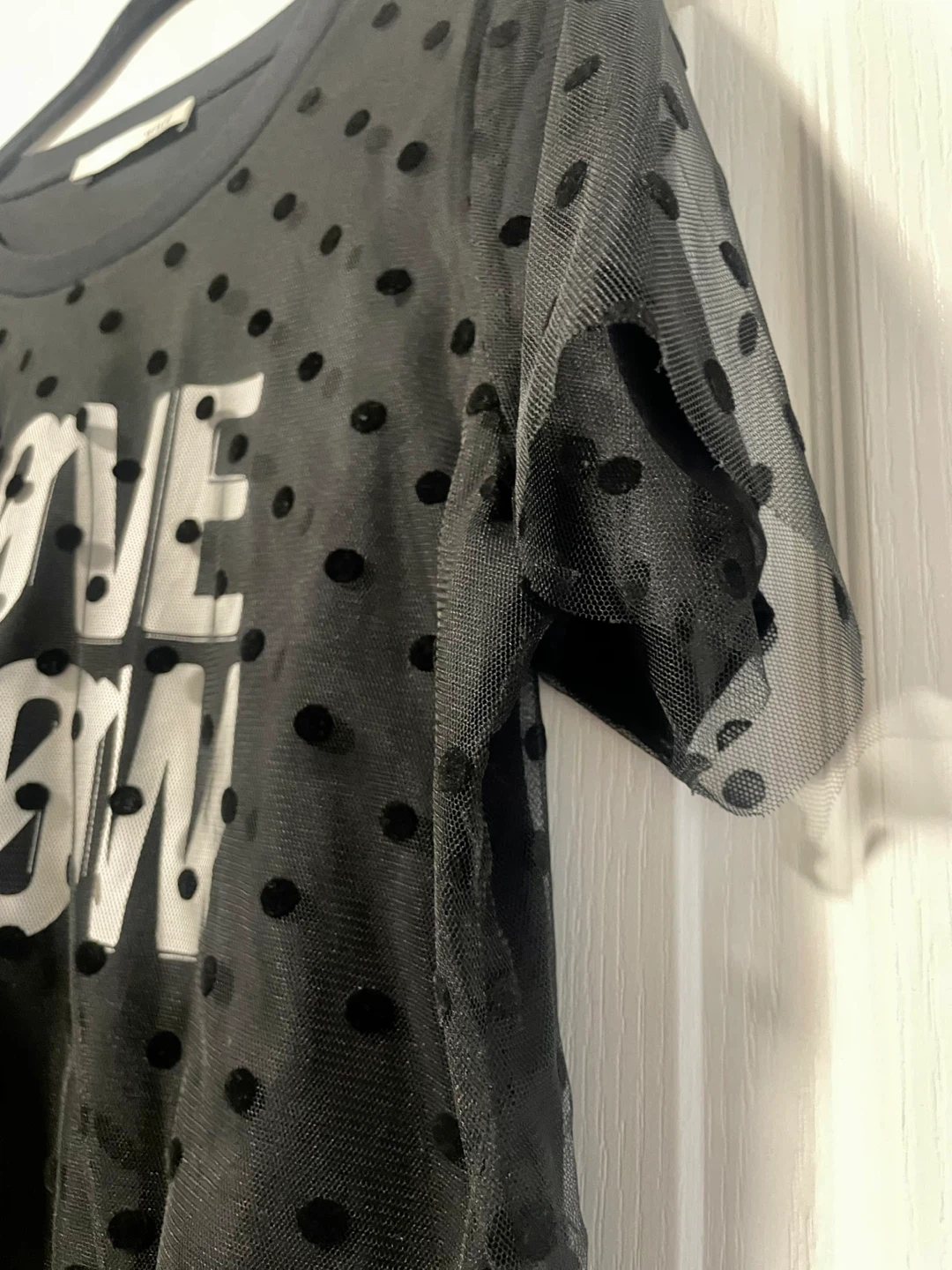Oui Black Polka Dot Mesh T-Shirt Size Medium - photo 2