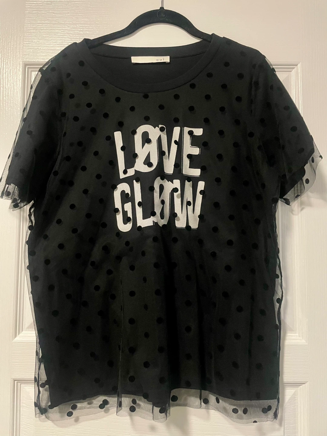 Oui Black Polka Dot Mesh T-Shirt Size Medium