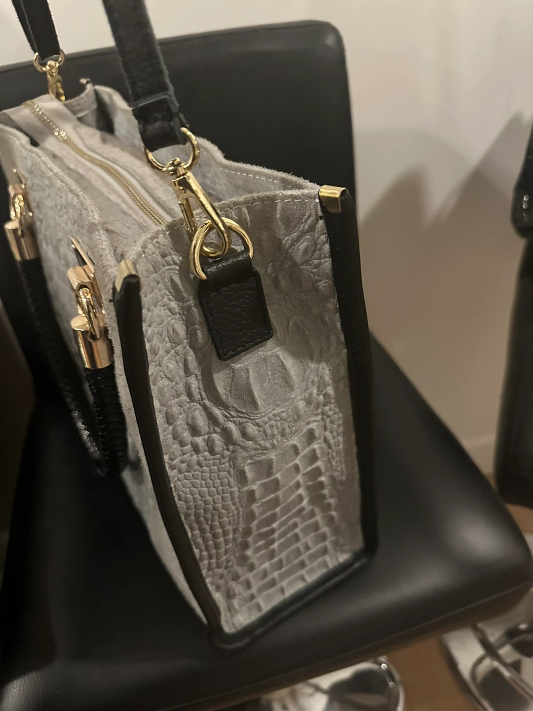Grey Italian leather & Suede Tote Bag - photo 3