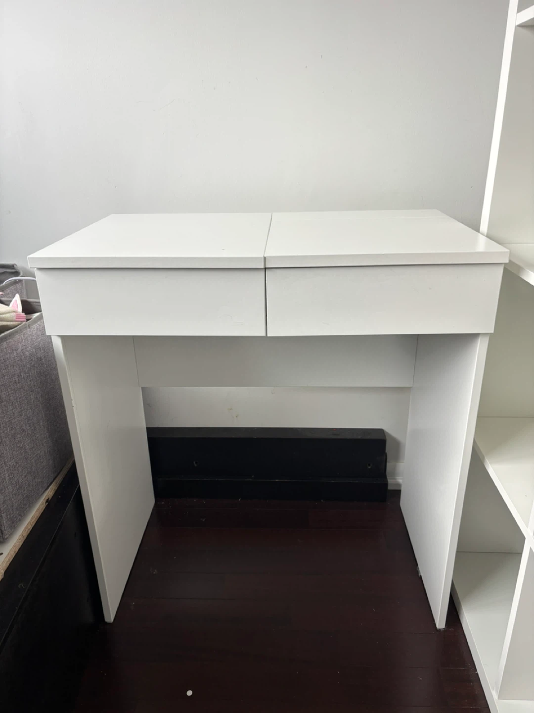 White Vanity Desk with Mirror and Red Lined Drawers