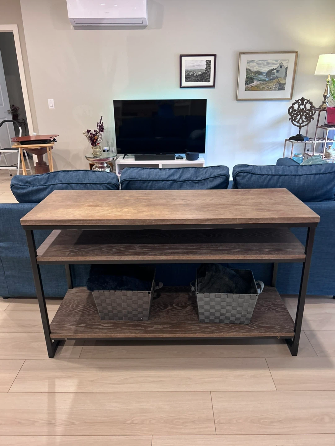 3-Shelf Solid Engineered Wood and Iron Console Table