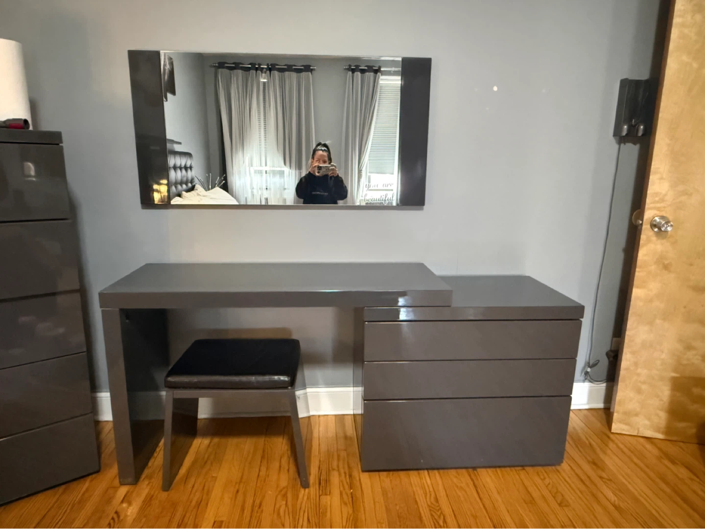 Grey Vanity Desk with Stool and Mirror