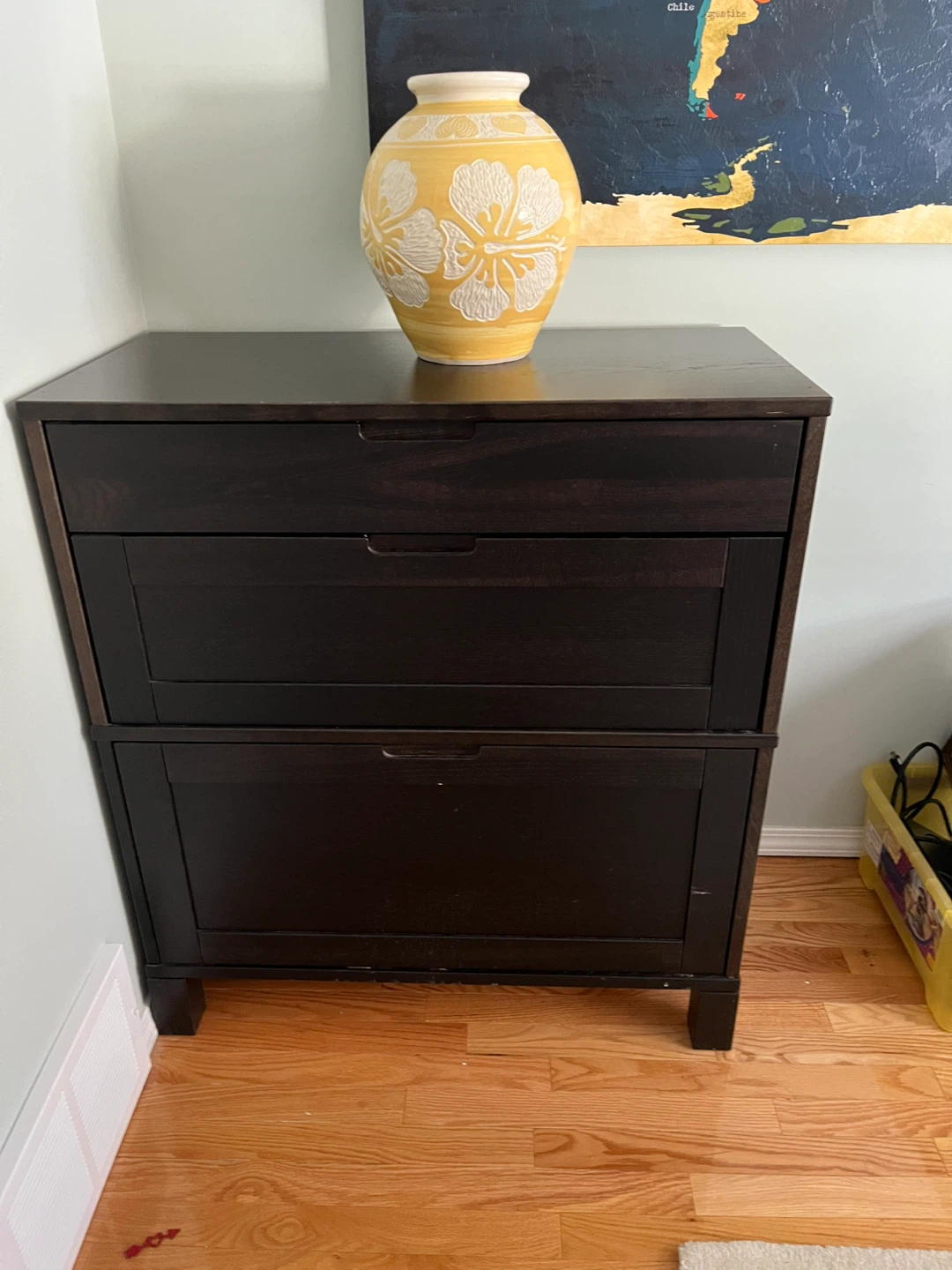 Dark wood filing cabinet and Two drawer storage