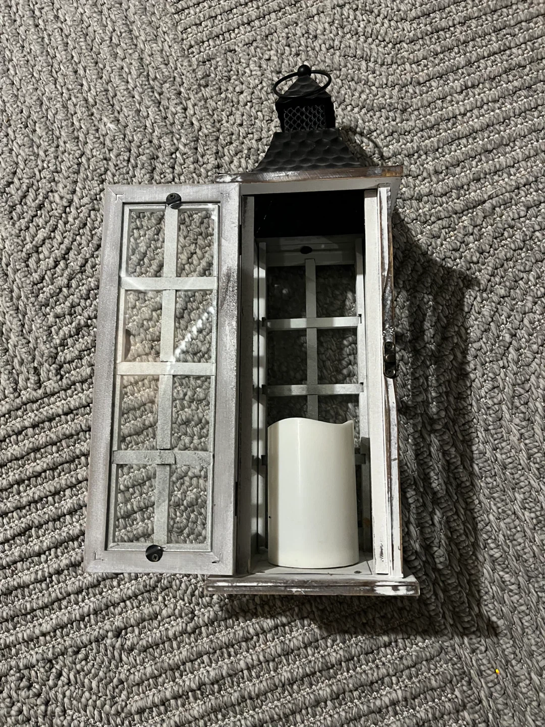 White Distressed Lantern with LED Candle