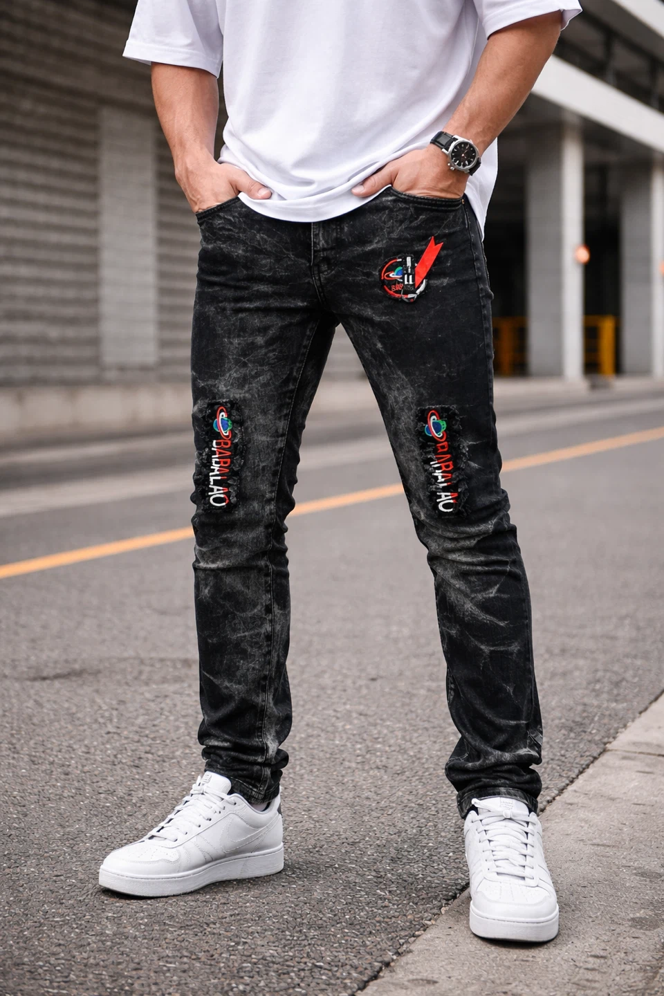 Men's Black Washed Jeans with Patches