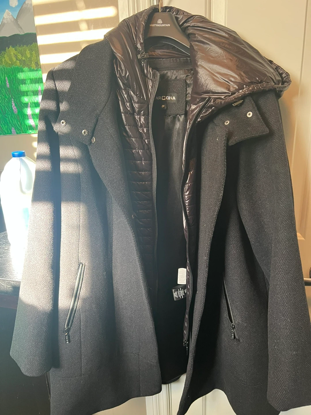 Women's Black Wool Blend  Coat with Puffer Hood Size 2X