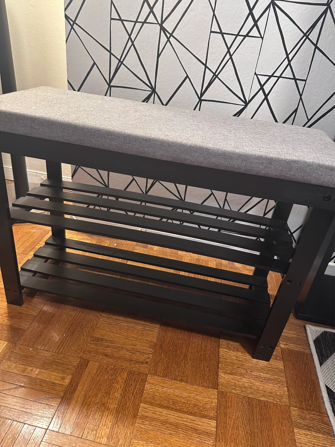 Black Shoe Rack Bench with Grey Upholstered Seat - photo 2
