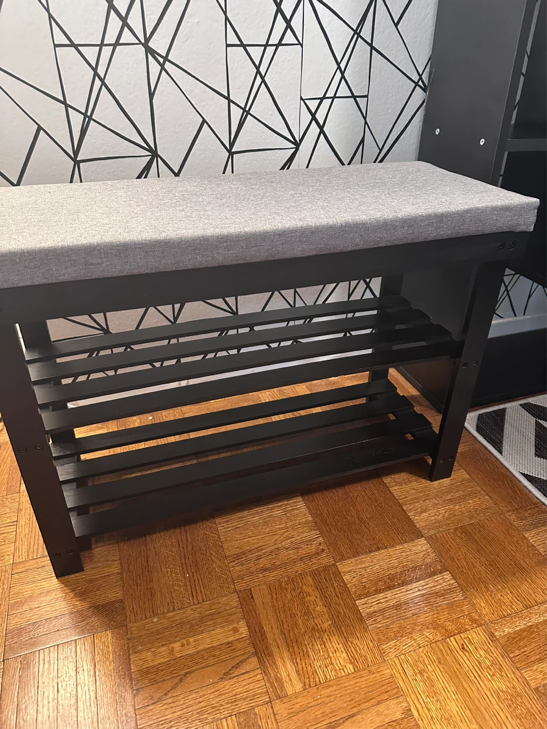 Black Shoe Rack Bench with Grey Upholstered Seat