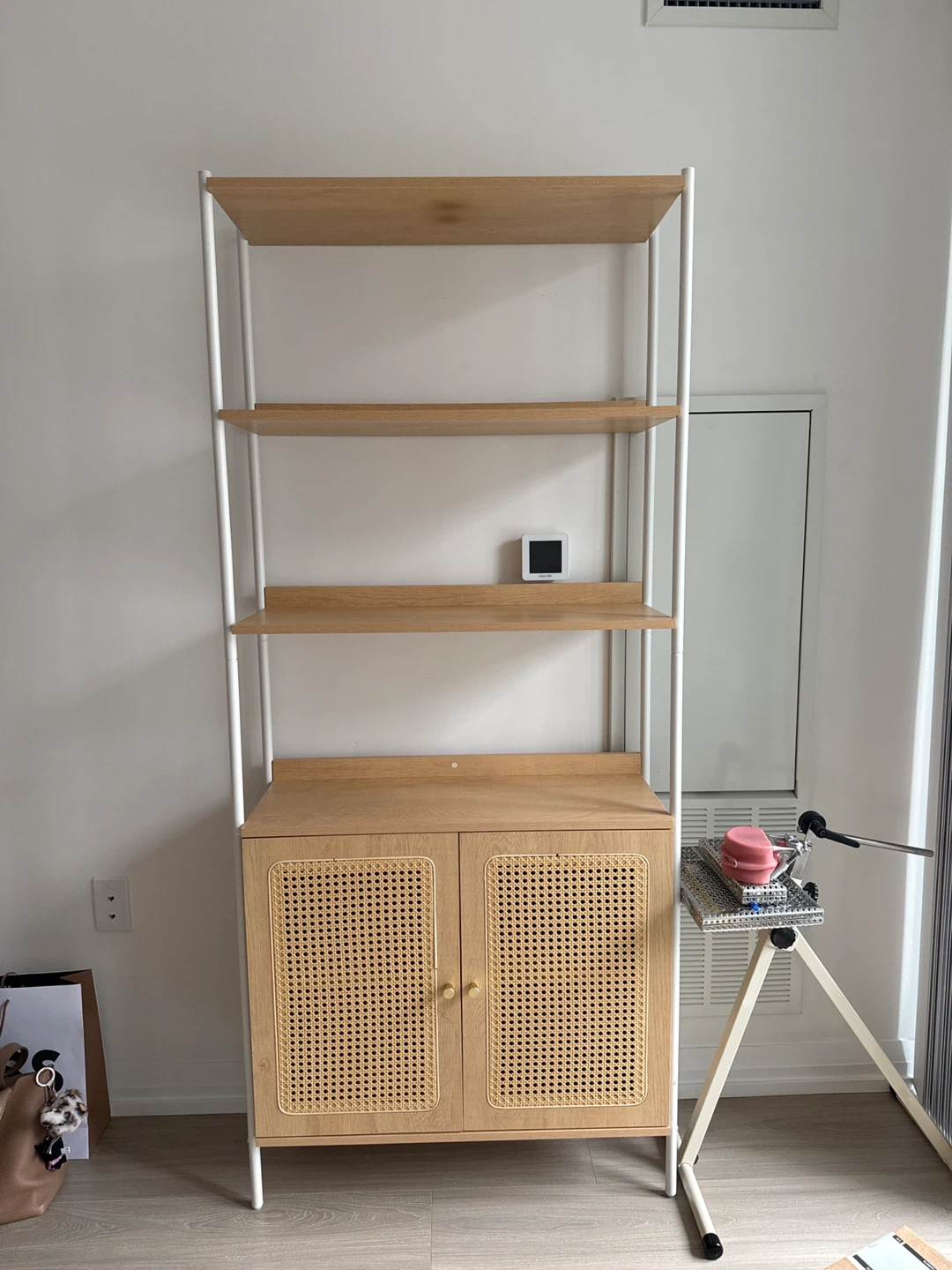 Wood and White Metal Bookshelf with Cabinet