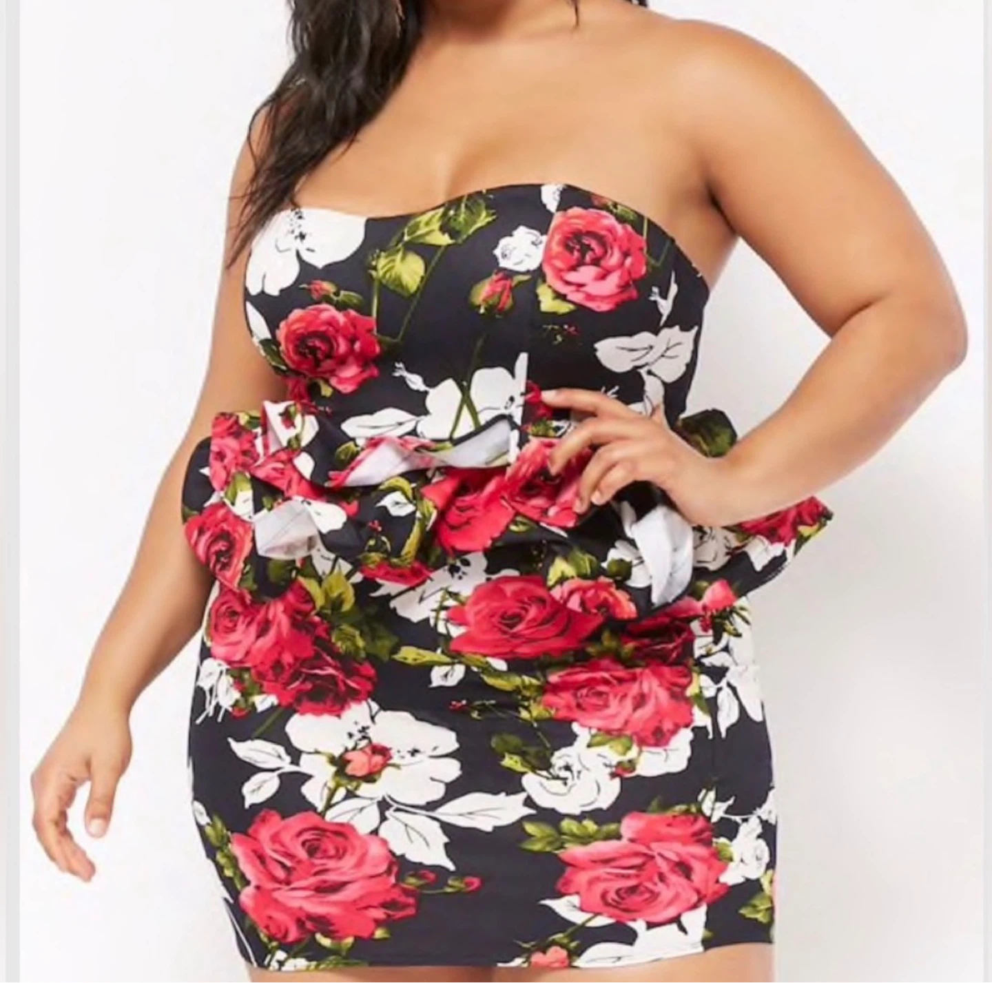 Strapless Black Floral Mini Dress with Red Roses