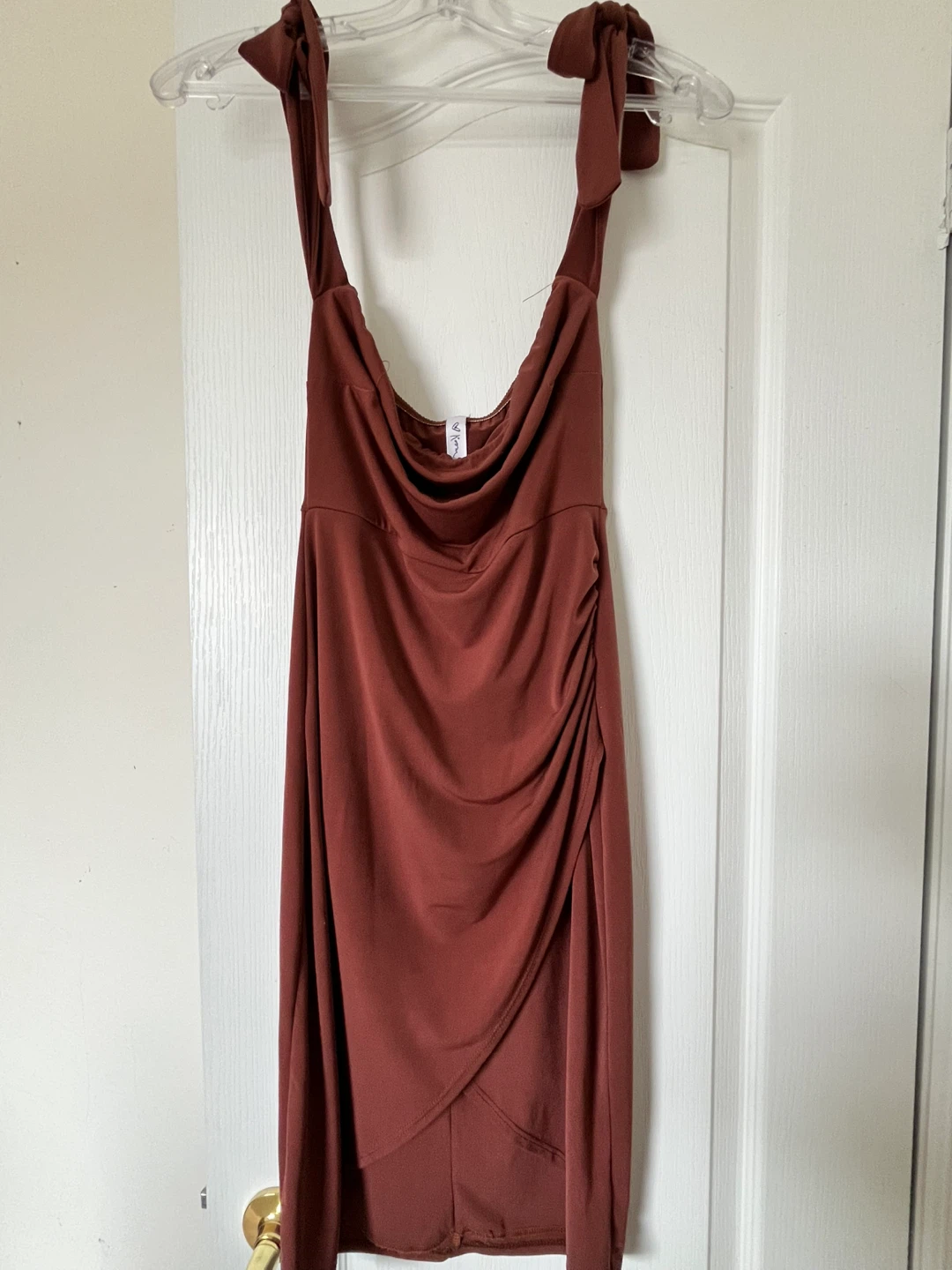 Brown Ruched Tie Strap Mini Dress