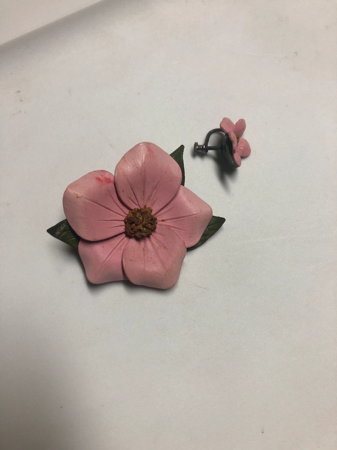 Pink Flower Brooch and Screw-back Earring Set