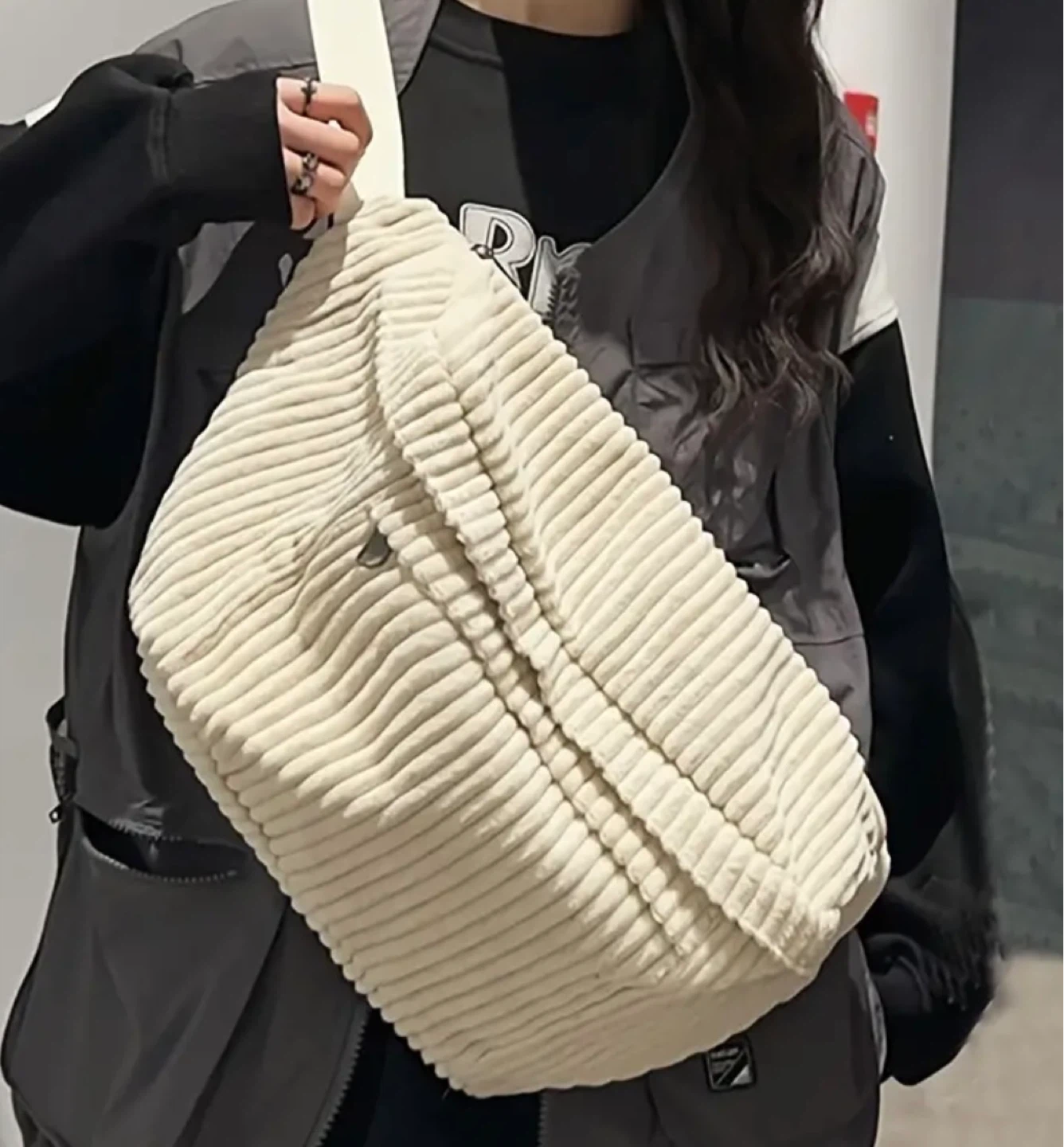 Large Corduroy Shoulder Bag, Beige