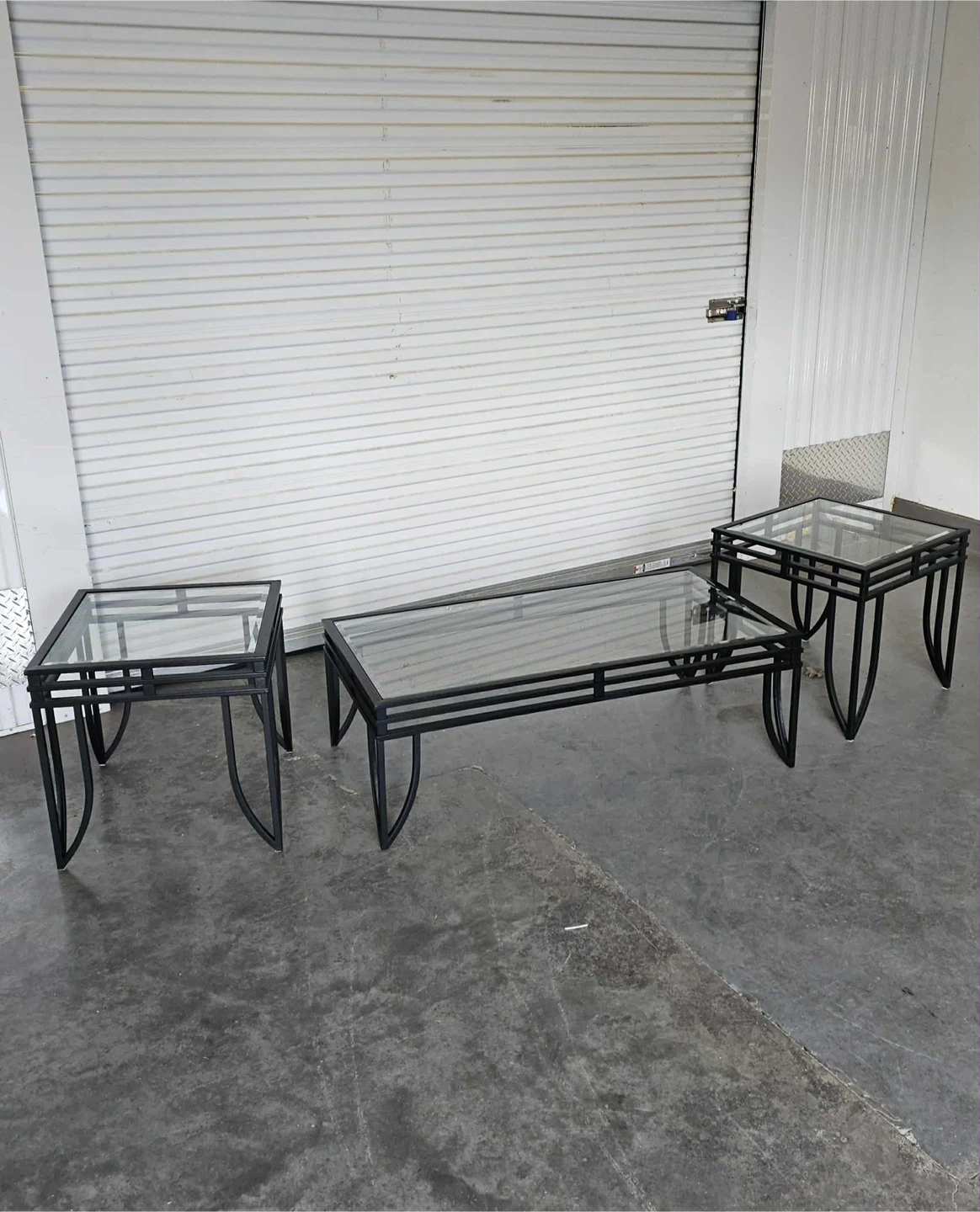 Modern black metal/glass top 3 piece coffee/end table set