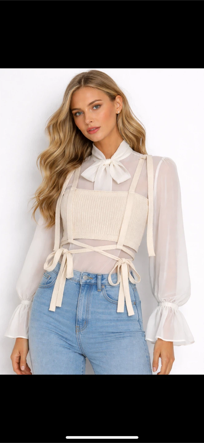 Cream Knit Crop Top with Straps - Size S