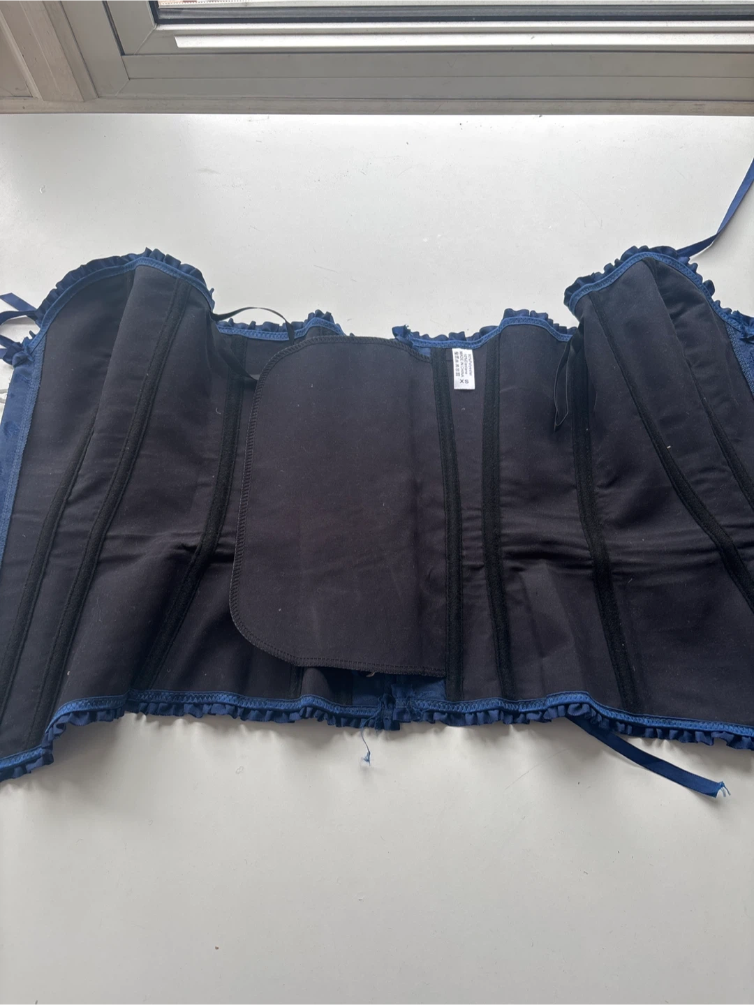 Navy Blue Jacquard Corset with Ruffle Trim - photo 4