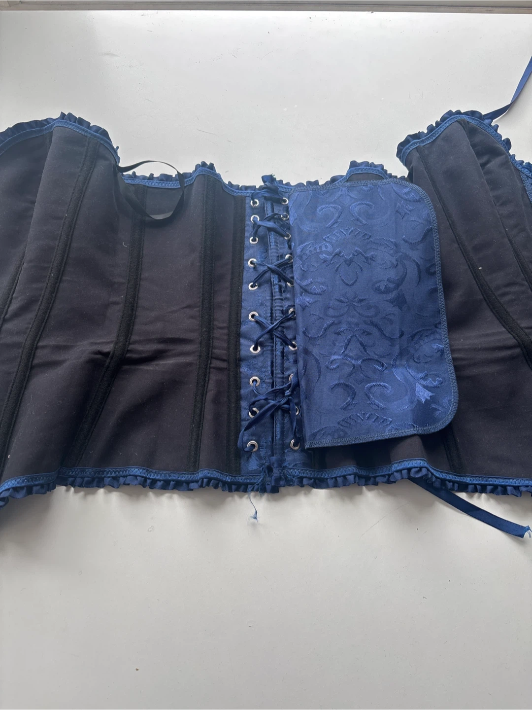 Navy Blue Jacquard Corset with Ruffle Trim - photo 5