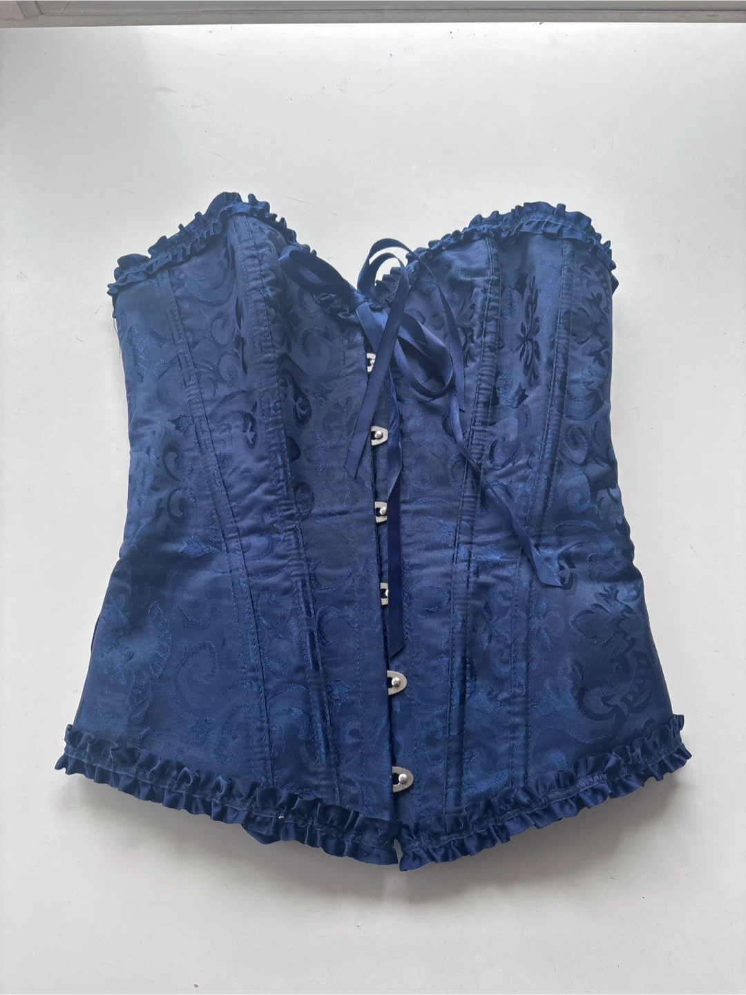 Navy Blue Jacquard Corset with Ruffle Trim - photo 3