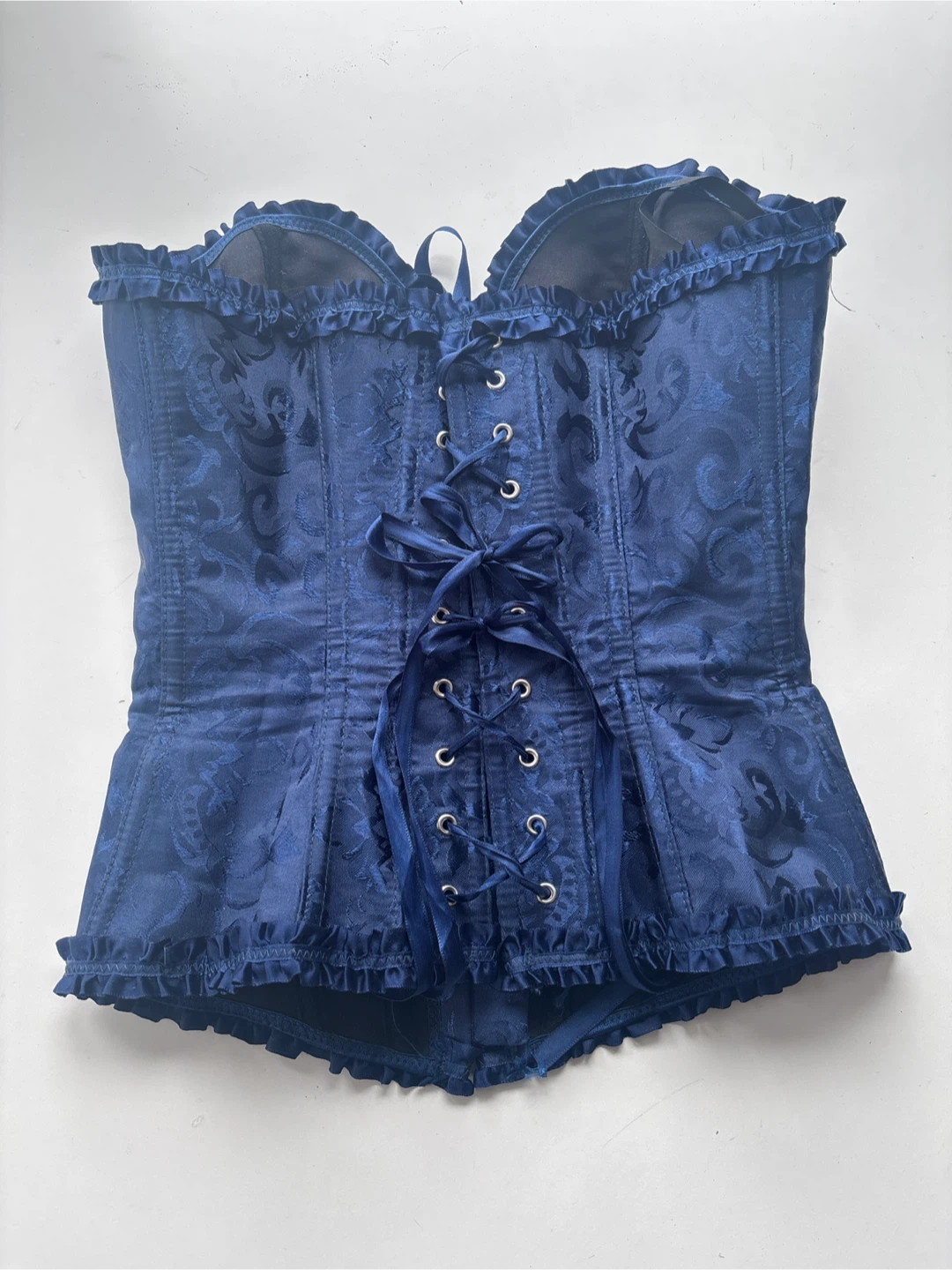 Navy Blue Jacquard Corset with Ruffle Trim - photo 2