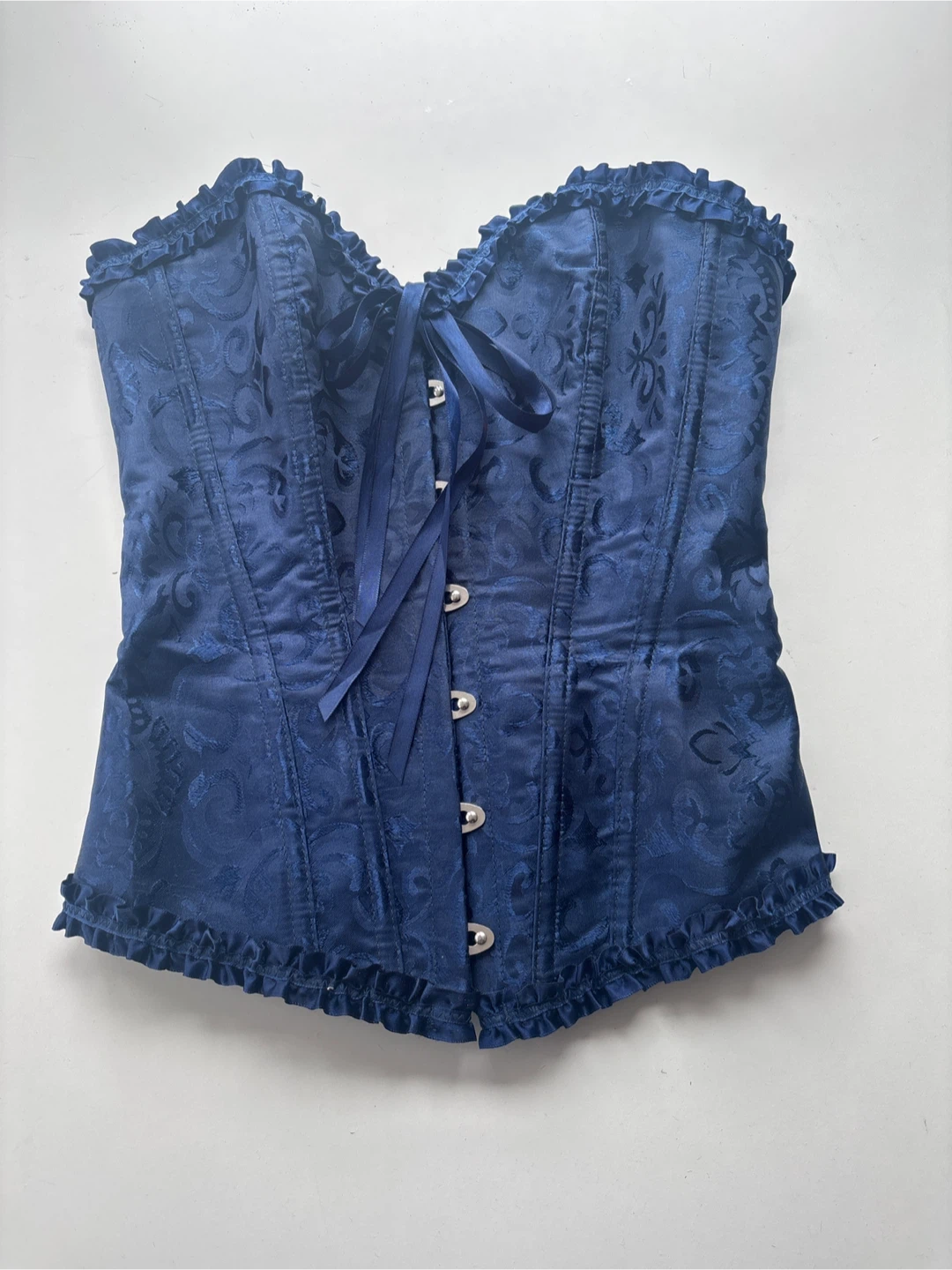 Navy Blue Jacquard Corset with Ruffle Trim