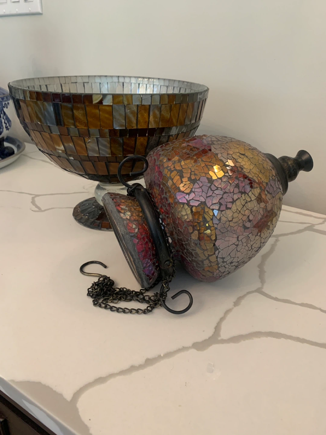 Mosaic Glass Pedestal Bowl and Hanging Lamp