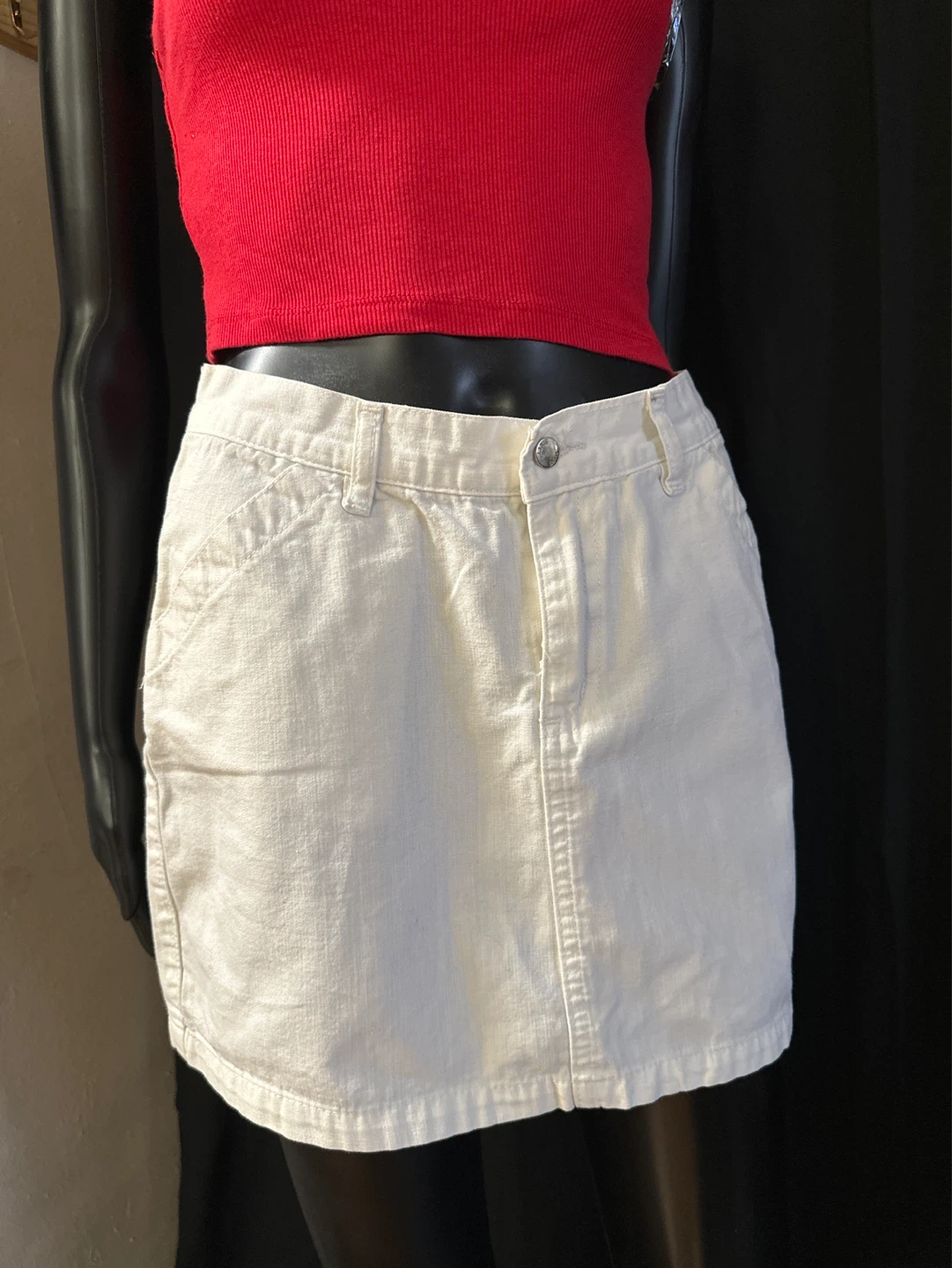 White Denim Mini Skirt with Pockets - red top