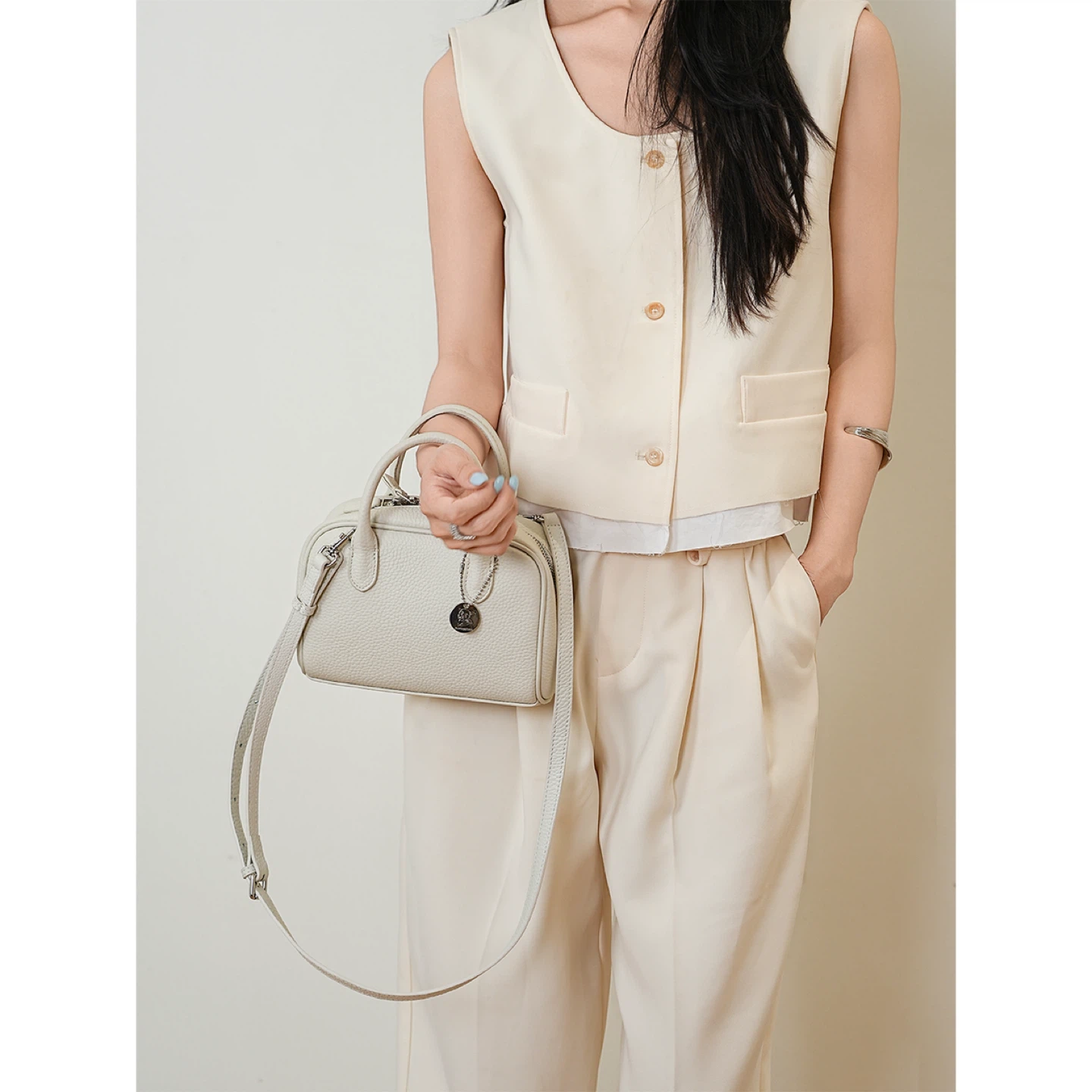 Light White Grey Leather Top Handle Bag