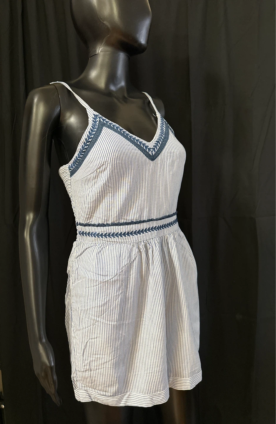 White & Blue Striped Romper with Embroidered Detail