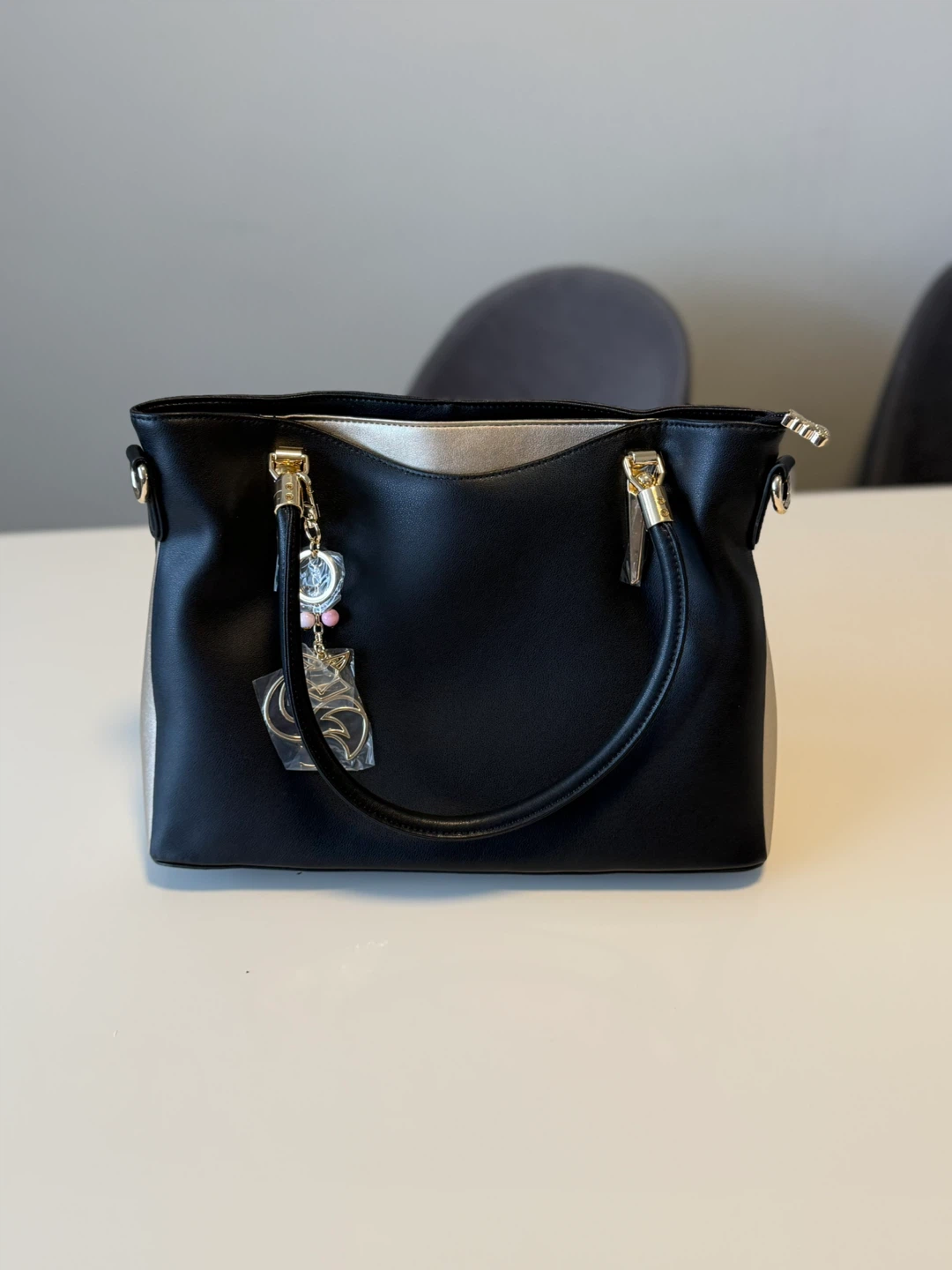 Black Tote Handbag with Charm