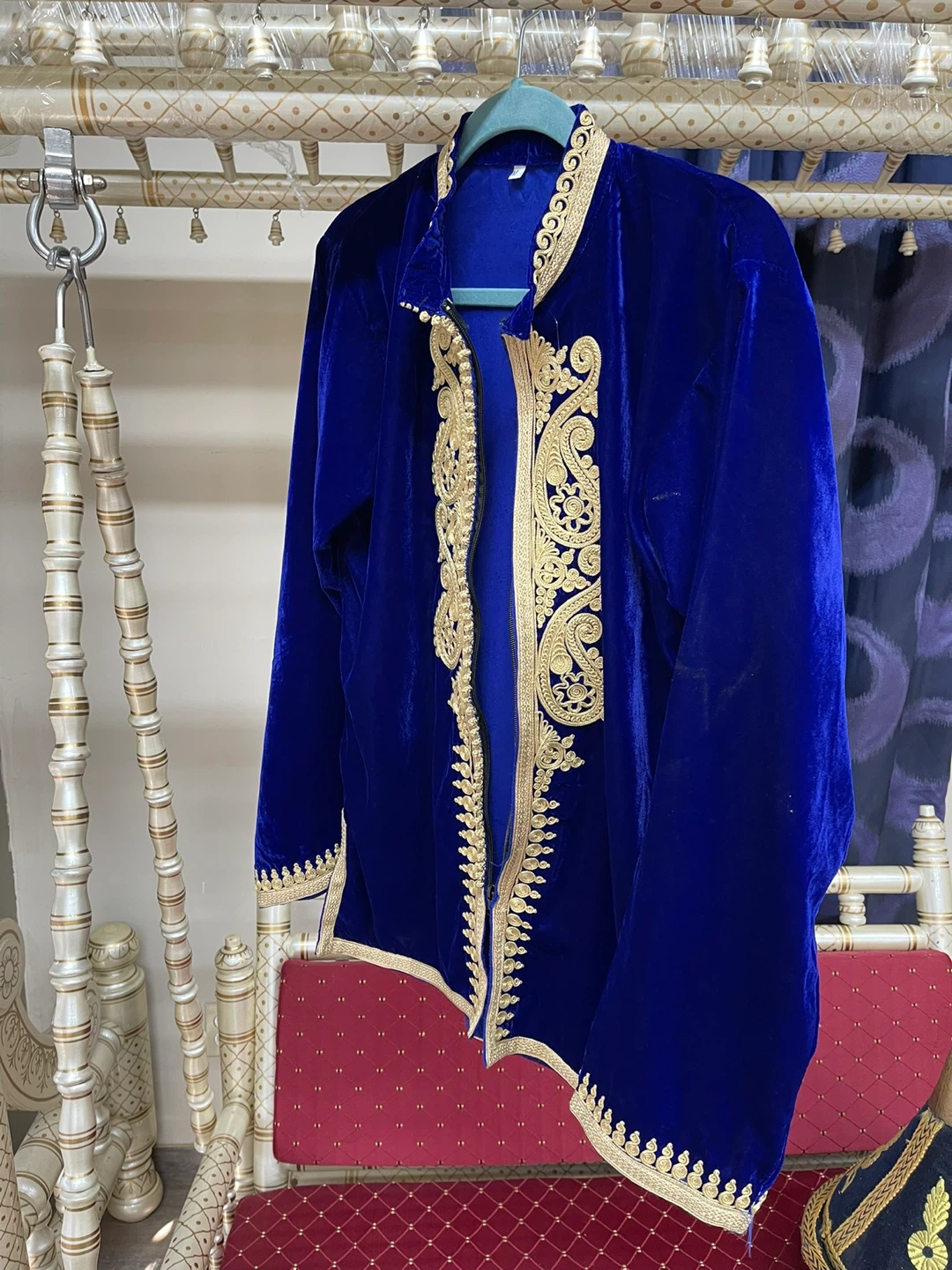 Blue Velvet Kaftan with Gold Embroidery
