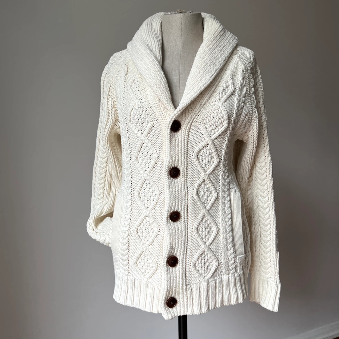 Organic Cotton Cable Knit Cardigan Sweater - Small