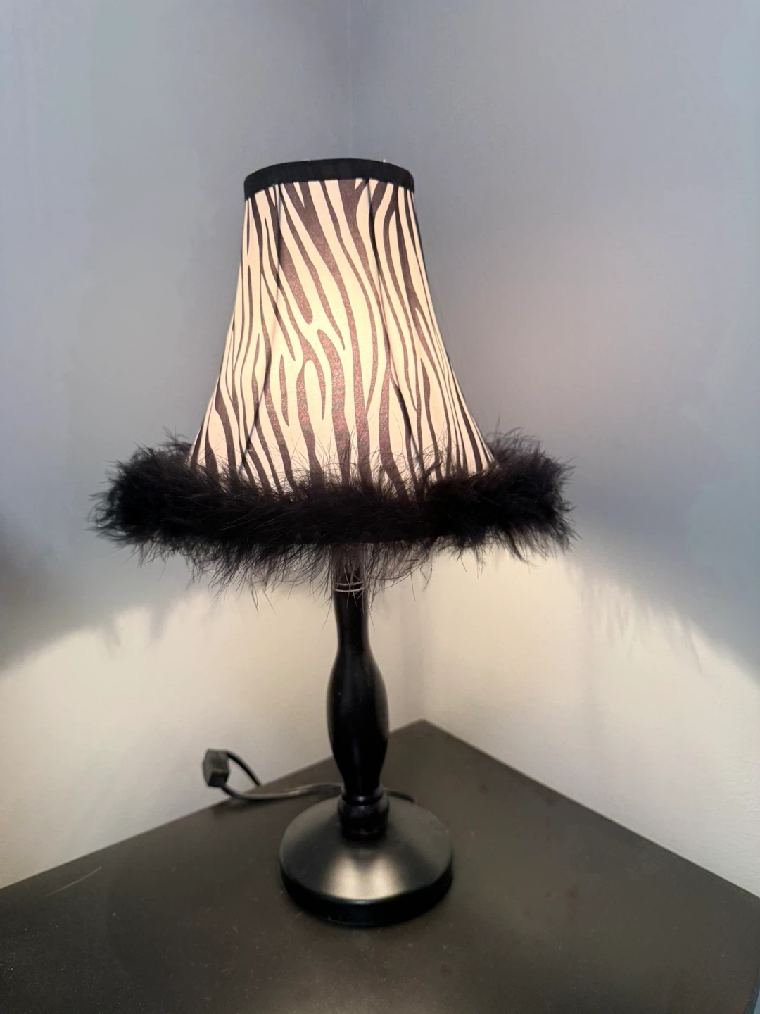 Zebra Print Table Lamp with Black Feather Trim