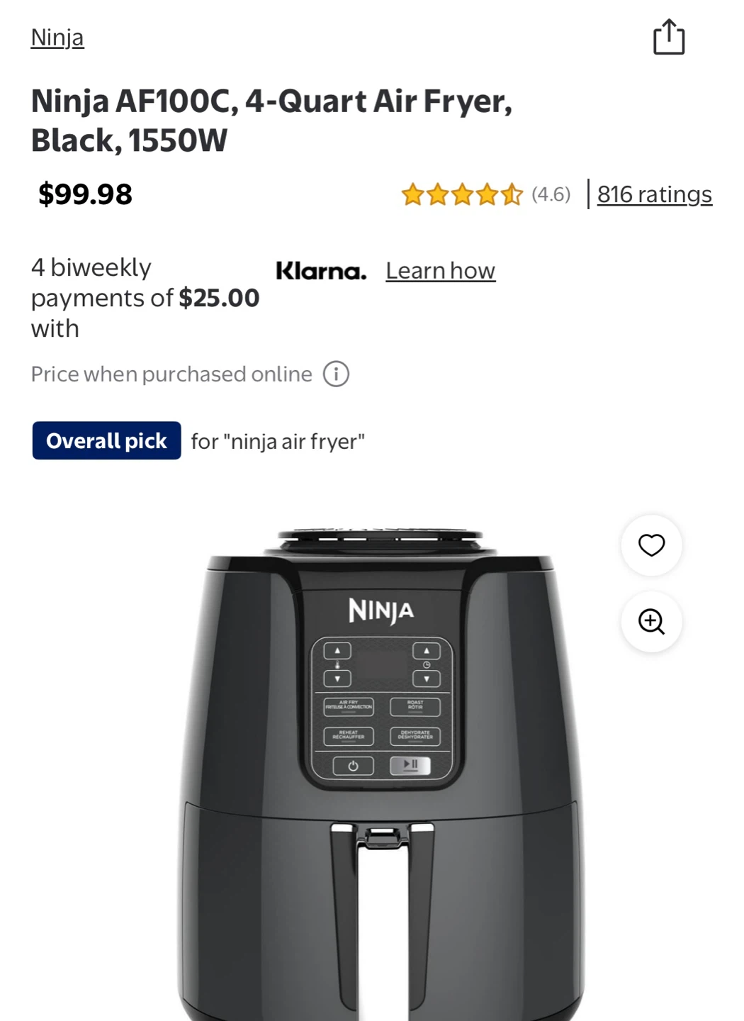 Ninja AF100C 4-Quart Air Fryer, Black