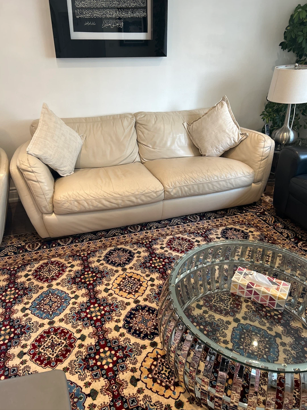 Cream Leather Loveseat  and Sofa - photo 2
