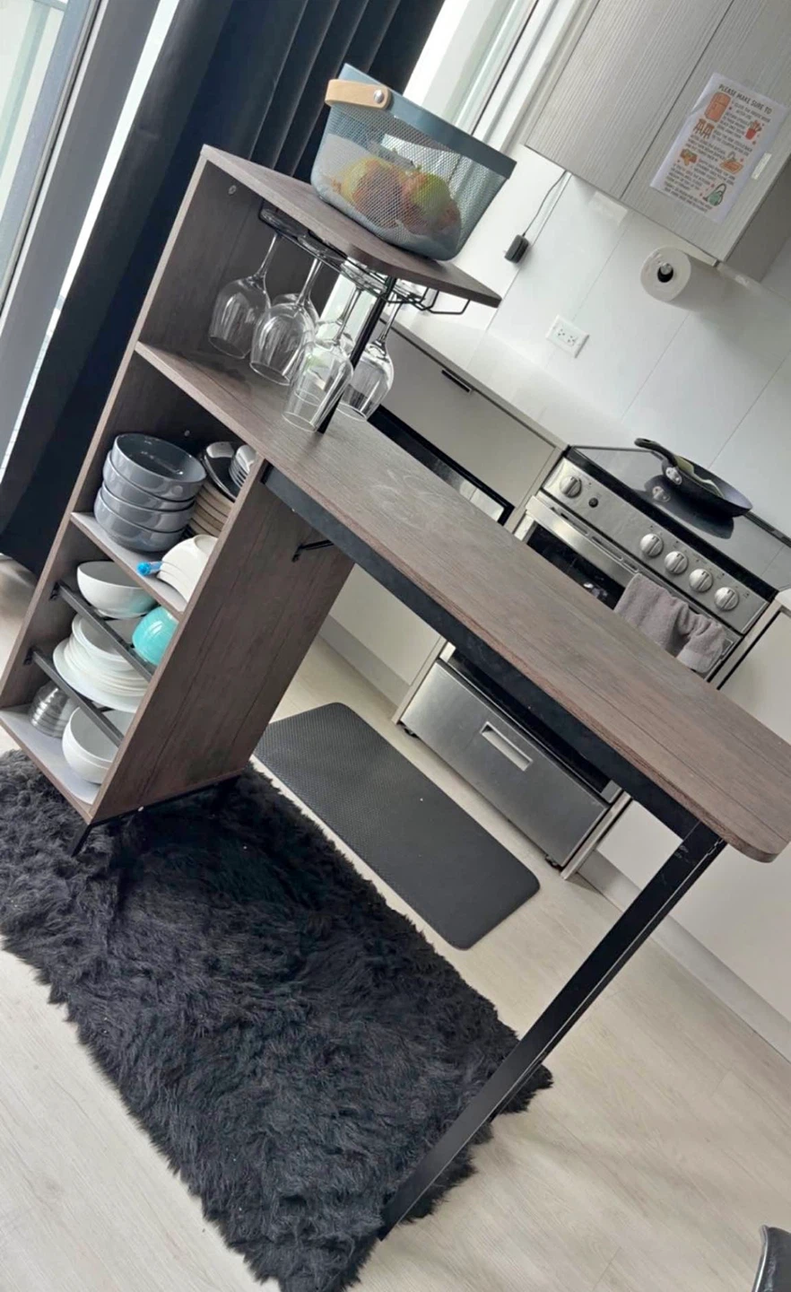 Compact Kitchen Island with Wine Glass Rack and Shelving