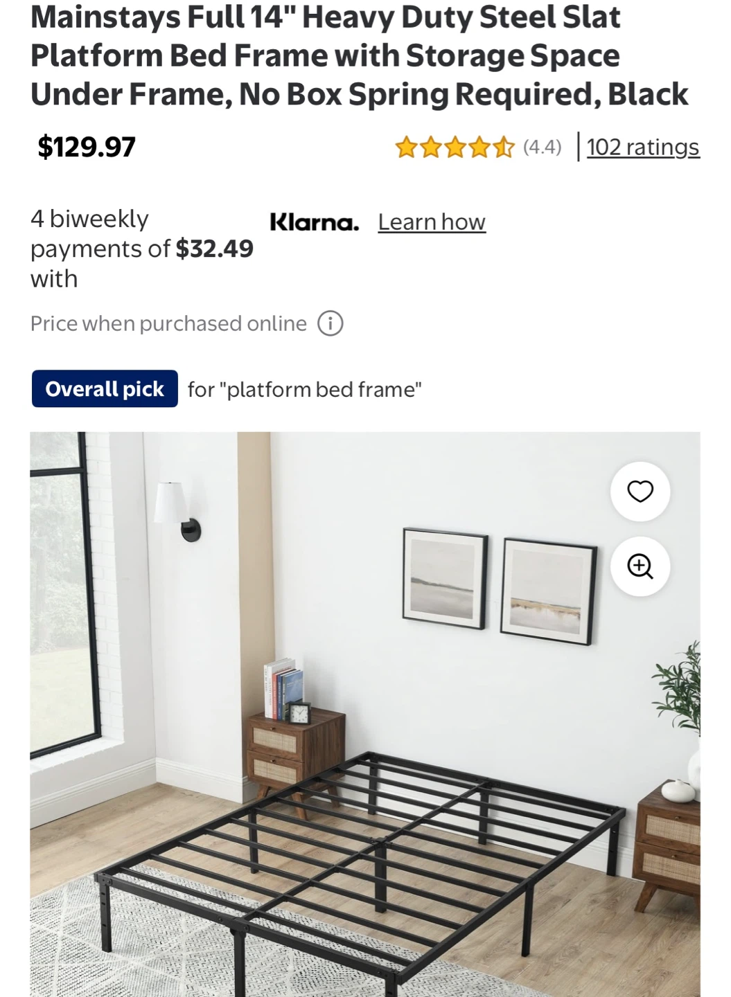Mainstays Full 14" Steel Black Bed Frame