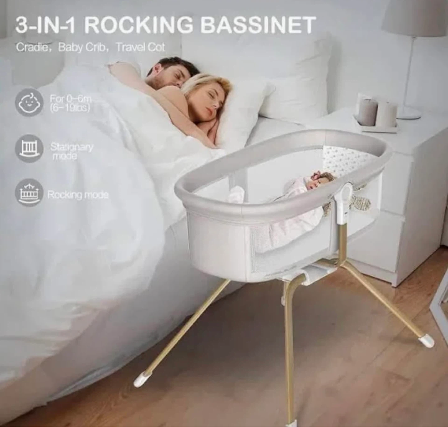 3-in-1 Rocking Bassinet - Cradle, Baby Crib, Travel Cot