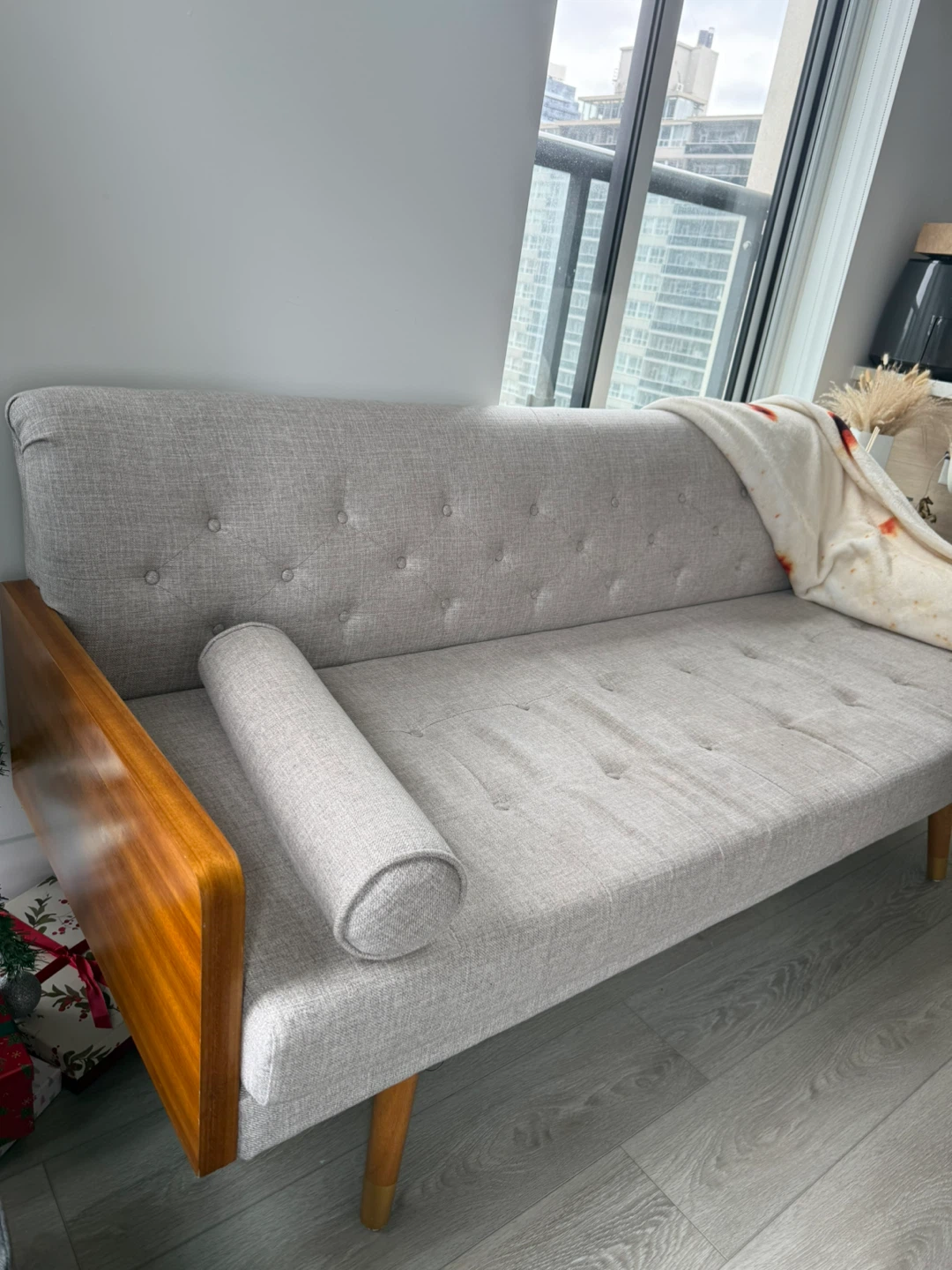 Grey Sofa Bed with Wooden Accents - photo 3