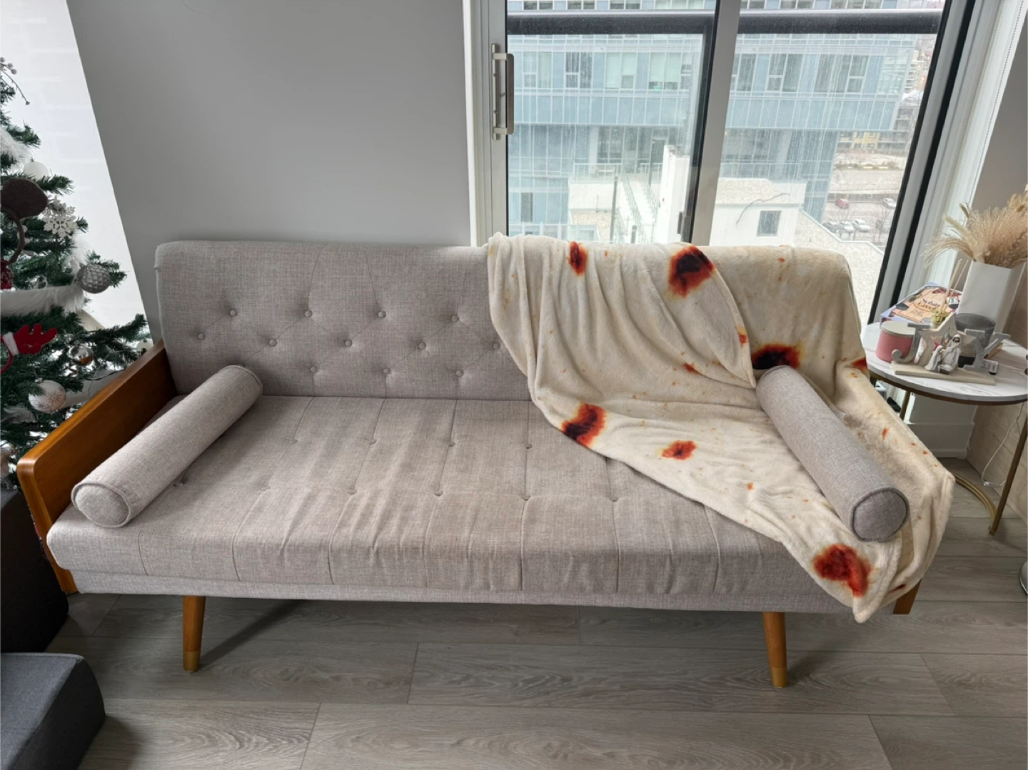 Grey Sofa Bed with Wooden Accents