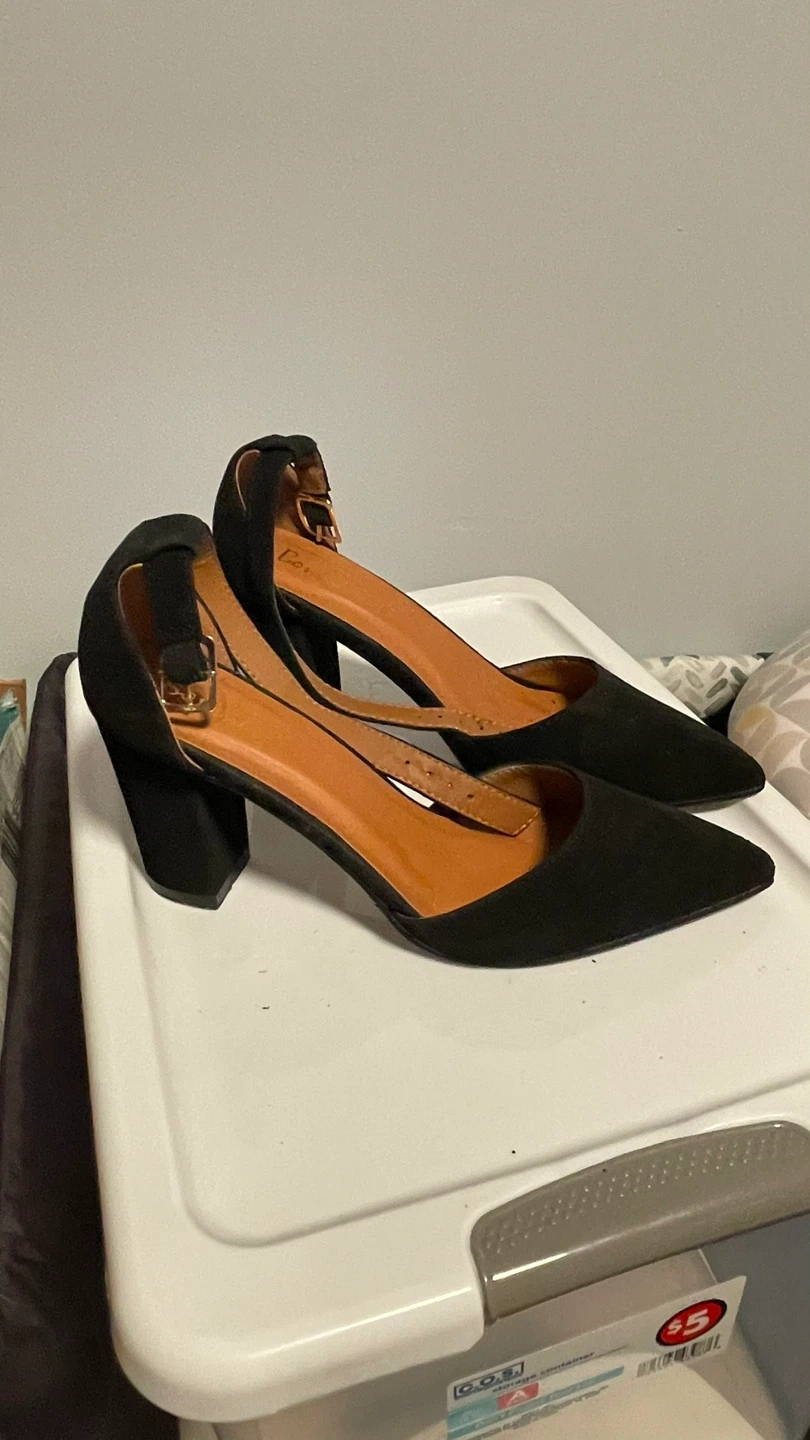 Black Faux Suede Pointed Toe Block Heel Ankle Strap Heels - photo 2