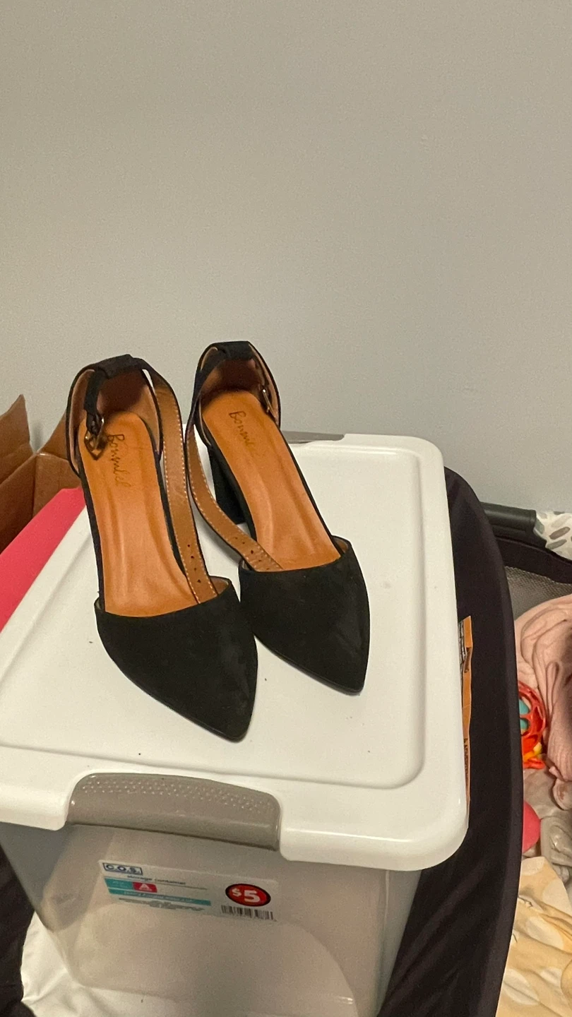 Black Faux Suede Pointed Toe Block Heel Ankle Strap Heels