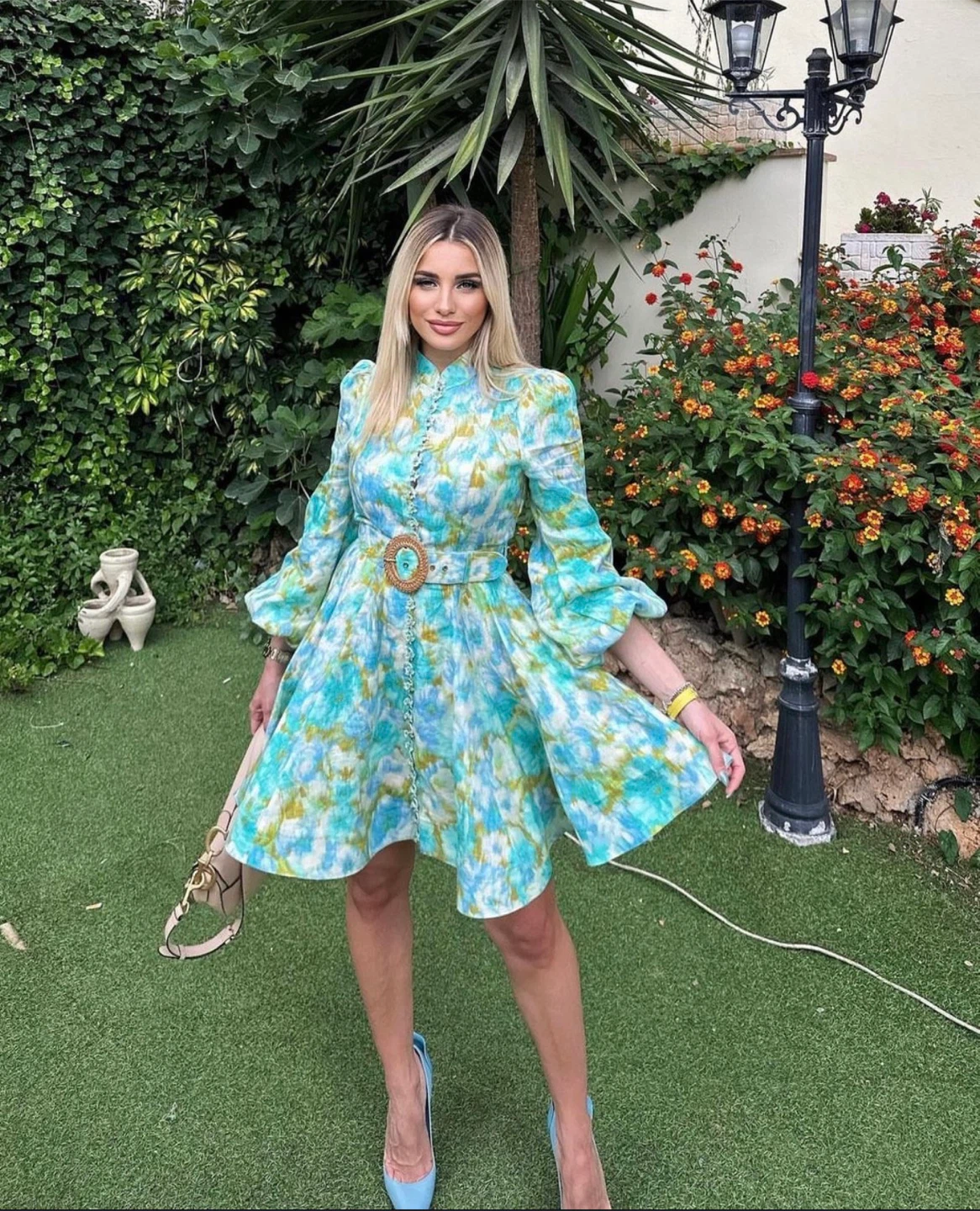 Tie-Dye Print Button-Up Mini Dress with Belt