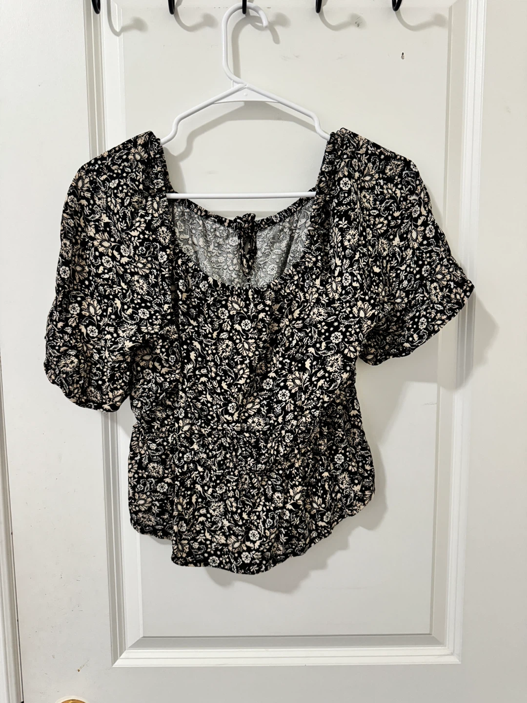 Black Floral Print Peasant Top - photo 2