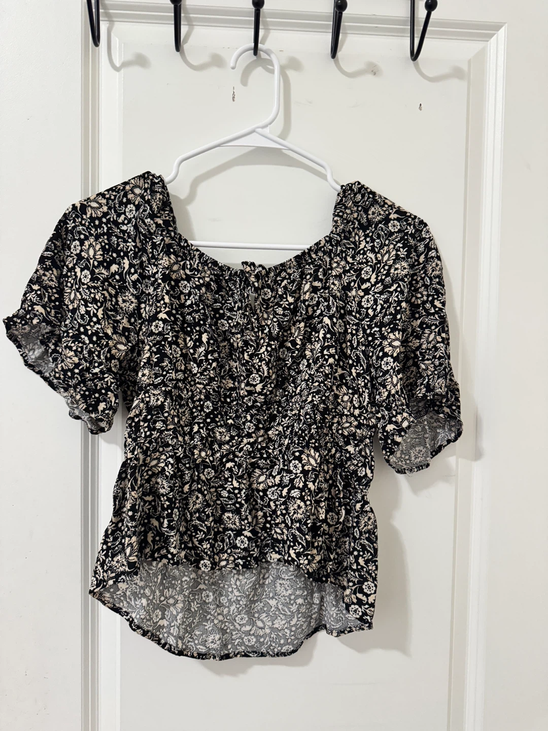Black Floral Print Peasant Top