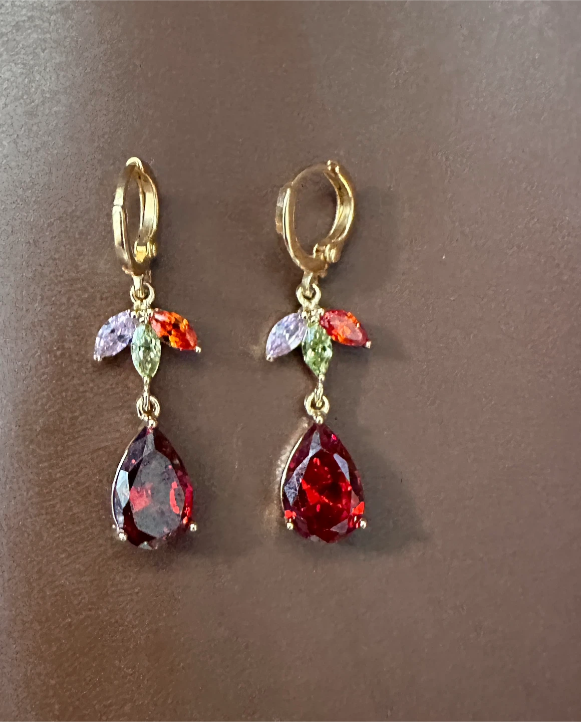Gold-tone Dangle Earrings with Red and Multi-coloured Gems