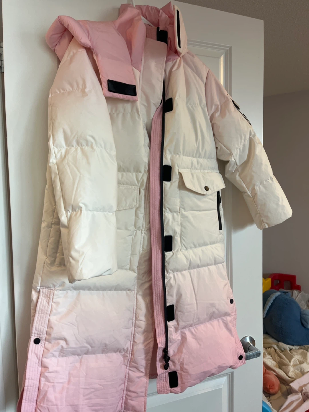 Long Puffer Coat with Pink and White Panels