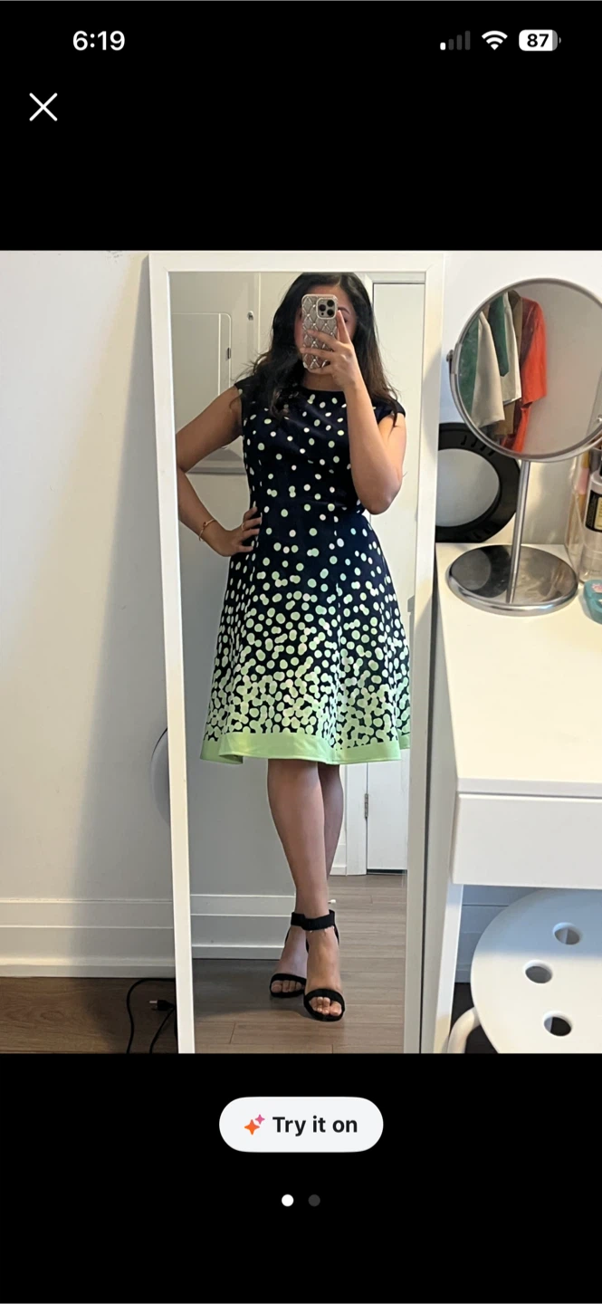 London Times Polka Dot Dress - Navy/Green Size 8